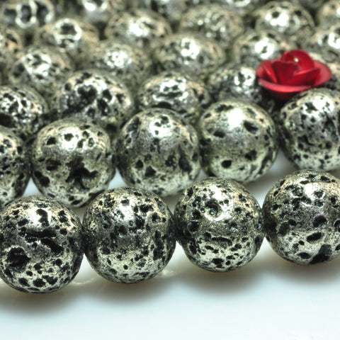YesBeads Antique silver plated  Lava stone matte round loose beads 8mm 15"