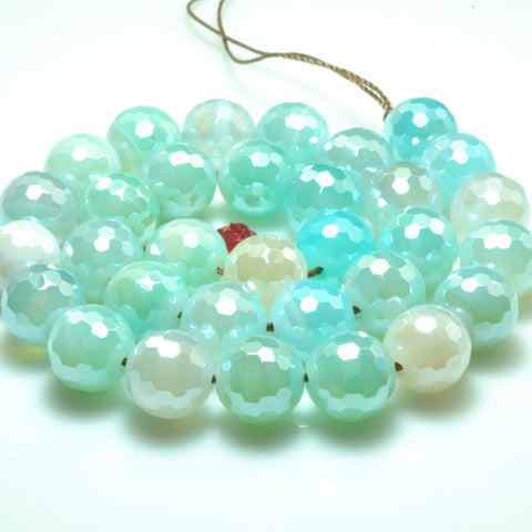 YesBeads Titanium banded agate faceted round loose beads aqua blue gemstone wholesale jewelry making 15"