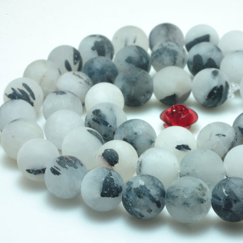 YesBeads natural Black Rutilated Quartz matte round beads wholesale gemstone jewelry making 15'' full strand