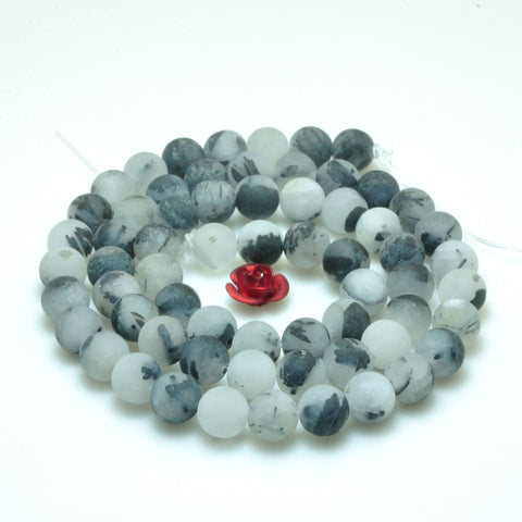 YesBeads natural Black Rutilated Quartz matte round beads wholesale gemstone jewelry making 15'' full strand