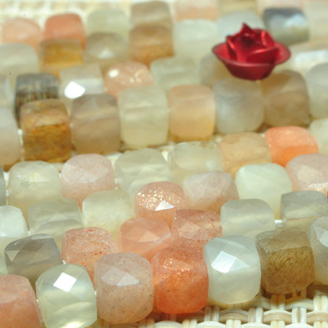 YesBeads Natural rainbow moonstone micro faceted cube loose beads mix gemstone wholesale jewelry making 4mm 15"
