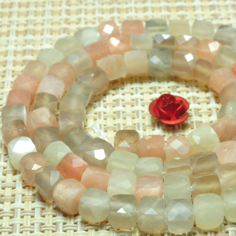 YesBeads Natural rainbow moonstone micro faceted cube loose beads mix gemstone wholesale jewelry making 4mm 15"