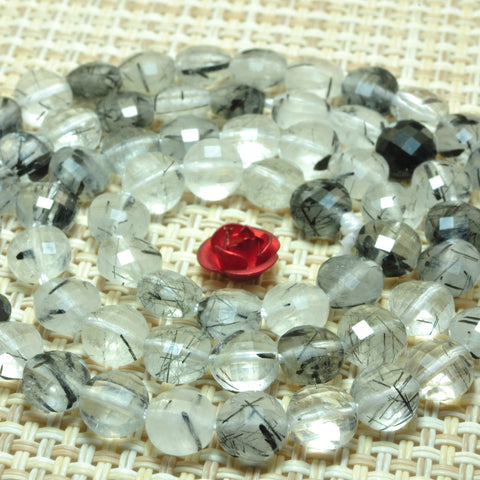 YesBeads natural Black Rutilated Quartz micro faceted coin loose beads wholesale gemstone jewelry making 15"