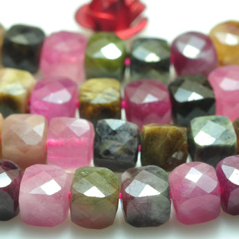 Natural watermelon tourmaline micro faceted cube loose beads multicolour gemstone wholesale jewelry making 4mm 15"