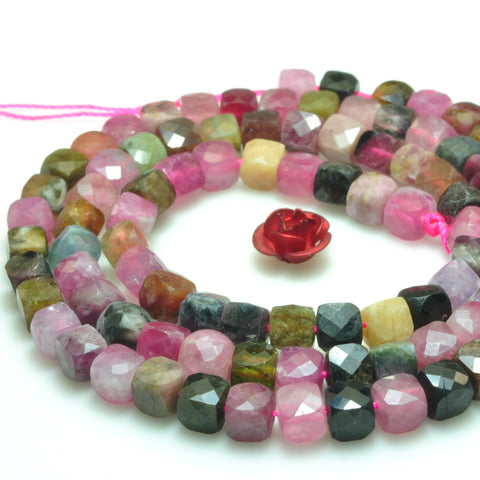 Natural watermelon tourmaline micro faceted cube loose beads multicolour gemstone wholesale jewelry making 4mm 15"