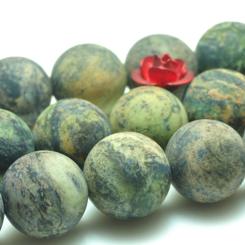 YesBeads Natural Dendritic Green Jade matte round beads gemstone wholesale 15"