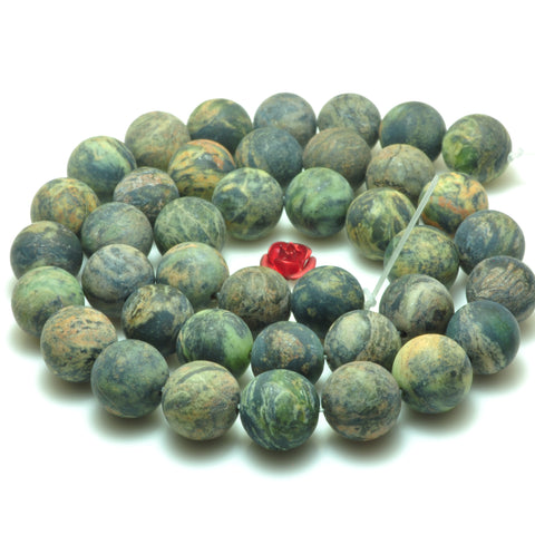 YesBeads Natural Dendritic Green Jade matte round beads gemstone wholesale 15"