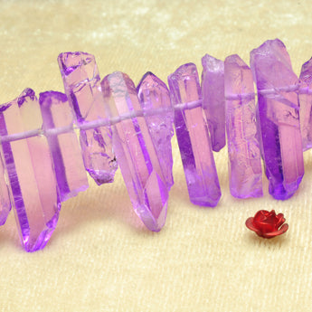Quartz crystal points titanium coated purple rough gemstone matte spike stick beads 15"