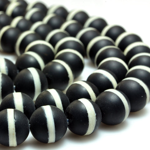 YesBeads Black Onyx white line matte round beads gemstone wholesale jewelry 15"