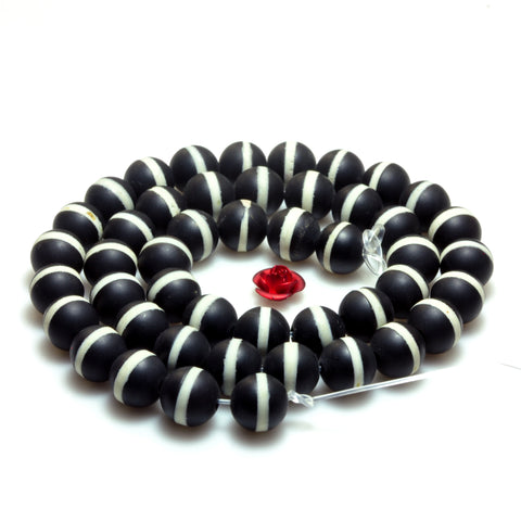 YesBeads Black Onyx white line matte round beads gemstone wholesale jewelry 15"