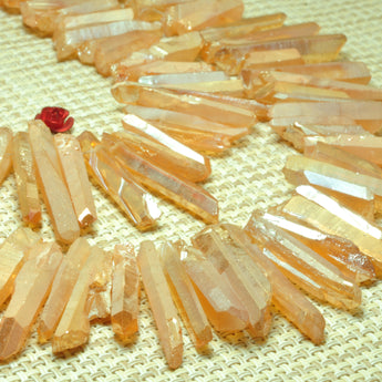 YesBeads Quartz crystal points titanium coated orange mystic rough matte spike stick beads 15"
