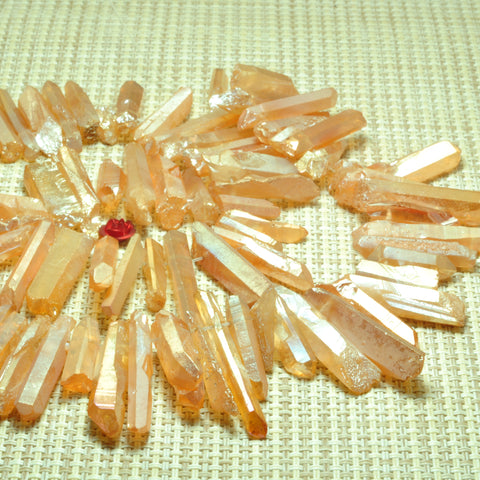 YesBeads Quartz crystal points titanium coated orange mystic rough matte spike stick beads 15"
