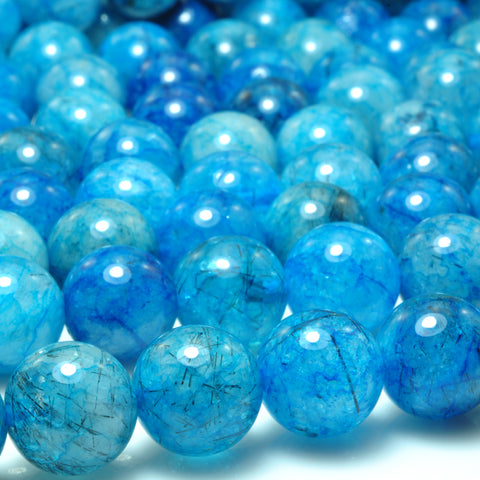 YesBeads Blue Rutilated Quartz smooth round beads gemstone 8-12mm 15"