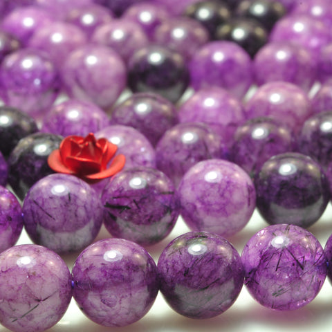 YesBeads Purple Rutilated Quartz smooth round beads gemstone 8-12mm 15"