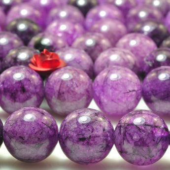 YesBeads Purple Rutilated Quartz smooth round beads gemstone 8-12mm 15"