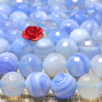 YesBeads Natural Blue Banded Agate faceted round beads gemstone whoelsale 15"