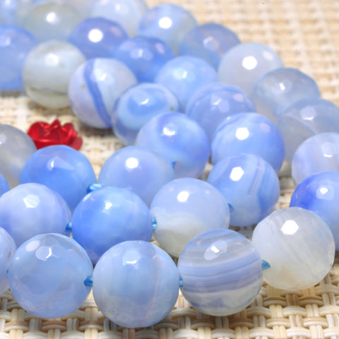 YesBeads Natural Blue Banded Agate faceted round beads gemstone whoelsale 15"
