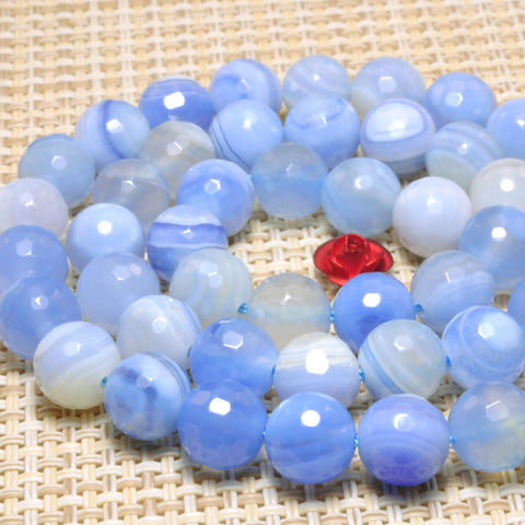 YesBeads Natural Blue Banded Agate faceted round beads gemstone whoelsale 15"