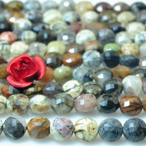 YesBeads Natural Silver Leaf Jasper micro faceted coin loose beads wholesale gemstone jewelry 15"