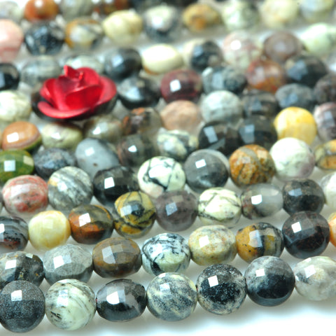 YesBeads Natural Silver Leaf Jasper micro faceted coin loose beads wholesale gemstone jewelry 15"