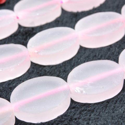 YesBeads Natural Rose Quartz matte flat oval beads pink gemstone wholesale jewelry making 15"