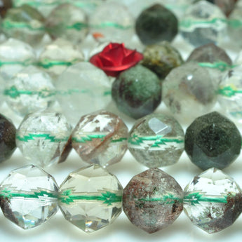 YesBeads Natural Phantom Quartz diamond faceted round loose beads green crystal gemstone wholesale jewelry making 15"
