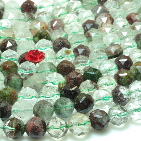 YesBeads Natural Phantom Quartz diamond faceted round loose beads green crystal gemstone wholesale jewelry making 15"