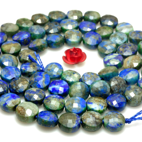 YesBeads Natural Azurite gemstone faceted coin loose beads blue green wholesale jewelry making 6mm 15"