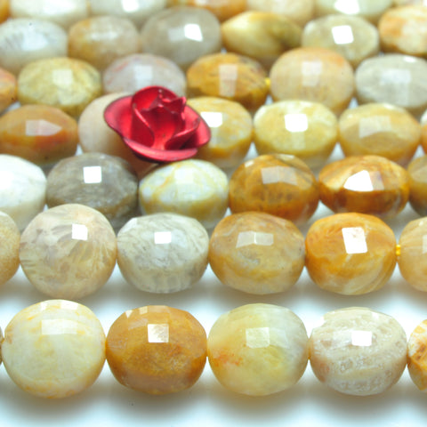 YesBeads natural Fossil Coral Jasper micro faceted coin loose beads wholesale gemstone jewelry making 6mm 15"
