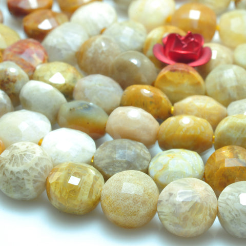 YesBeads natural Fossil Coral Jasper micro faceted coin loose beads wholesale gemstone jewelry making 6mm 15"