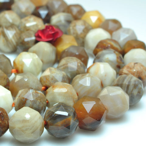 YesBeads Natural Petrified Wood Jasper diamond faceted round loose beads brown stone wholesale jewelry making 15"