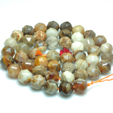 YesBeads Natural Petrified Wood Jasper diamond faceted round loose beads brown stone wholesale jewelry making 15"