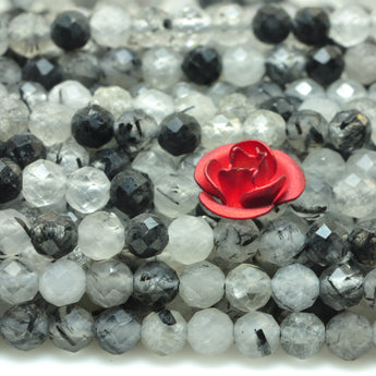 YesBeads natural black rutilated quartz faceted round loose beads wholesale gemstone 3mm 15"