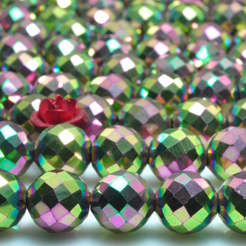 YesBeads Hematite titanium pink green hematite stone faceted round beads gemstone wholesale jewelry making 15 inches (64-faces)