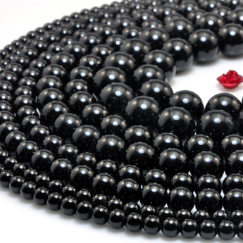 YesBeads Natural black tourmaline gemstone smooth round loose beads wholesale jewelry making 4mm-12mm 15"