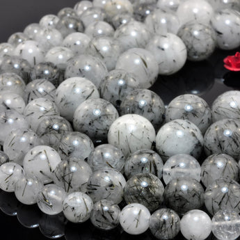 YesBeads Natural Black Rutilated Quartz smooth round loose beads wholesale jewelry 4mm-10mm 15"
