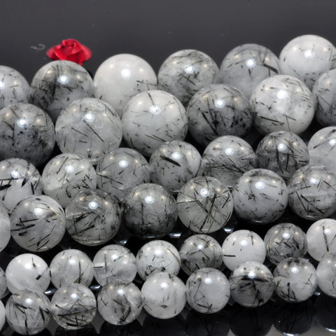 YesBeads Natural Black Rutilated Quartz smooth round loose beads wholesale jewelry 4mm-10mm 15"