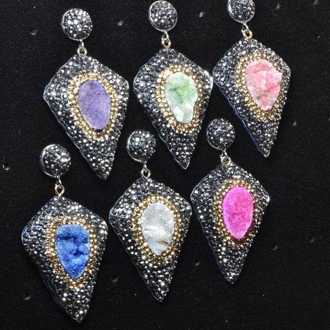 YesBeads Earrings Druzy quartz pave rhinestone crystal CZ bead stud dangle earrings cone shape jewelry