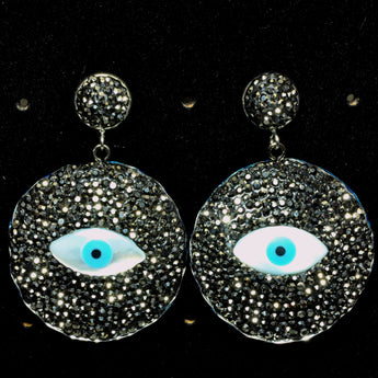 YesBeads Earrings Evil Eye coin shape Mother of pearl rhinestone crystal CZ pave bead stud dangle earrings jewelry