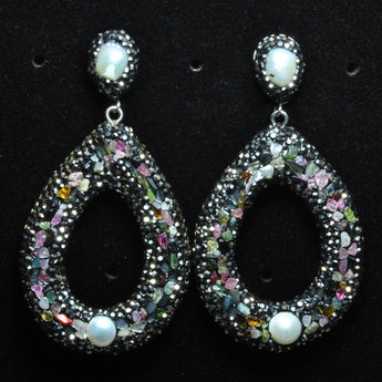 YesBeads Earrings Tourmaline chips pearl bead rhinestone crystal pave stud dangle earrings drop shape whoelesale jewelry