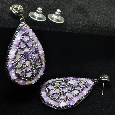YesBeads Earrings Amethyst chips beads paved CZ rhinestone crystal stud dangle earrings drop shape whoelesale jewelry