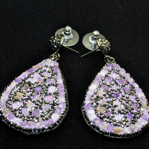 YesBeads Earrings Amethyst chips beads paved CZ rhinestone crystal stud dangle earrings drop shape whoelesale jewelry