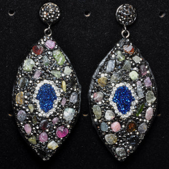 YesBeads Earrings Tourmaline chips beads paved CZ rhinestone crystal stud dangle earrings oval shape whoelesale jewelry