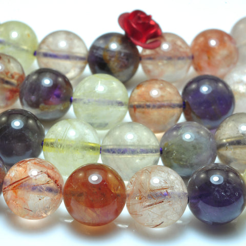YesBeads Natural Rainbow Rutilated Quartz mix gemstone smooth round beads 15"