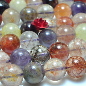 YesBeads Natural Rainbow Rutilated Quartz mix gemstone smooth round beads 15"