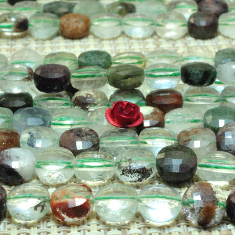 YesBeads natural Phantom Quartz green gemstone faceted coin loose beads 8mm 15.5"