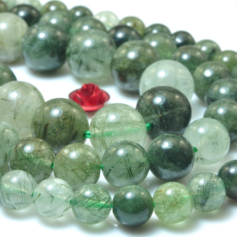 YesBeads Natural Green Rutilated Quartz smooth round beads gemstone 6-10mm 15"