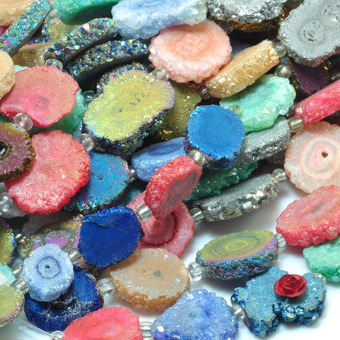 YesBeads Solar Quartz titanium multicolor rainbow druzy quartz matte slice flower beads 7.5"