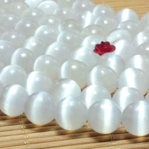 YesBeads Natural Selenite gemstone smooth round beads white cat eye wholesale jewelry 15"