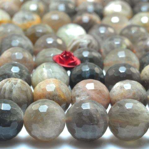YesBeads Natural Gray Sunstone faceted round loose beads wholesale gemstone jewelry making 15"